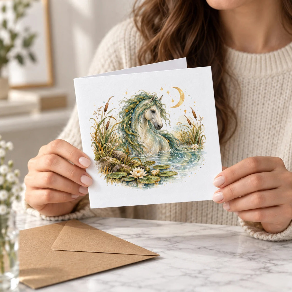 Enchanted Folklore - Moonlit Kelpie in Water Lilies Greeting Card – Held Card