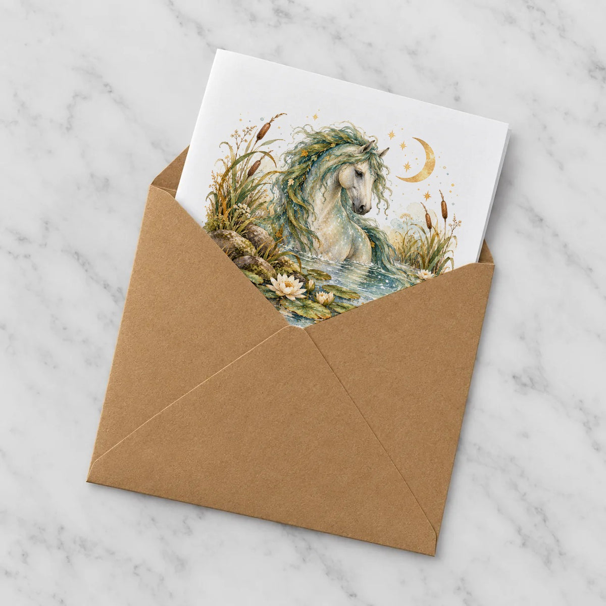 Enchanted Folklore - Moonlit Kelpie in Water Lilies Greeting Card – Half in Envelope