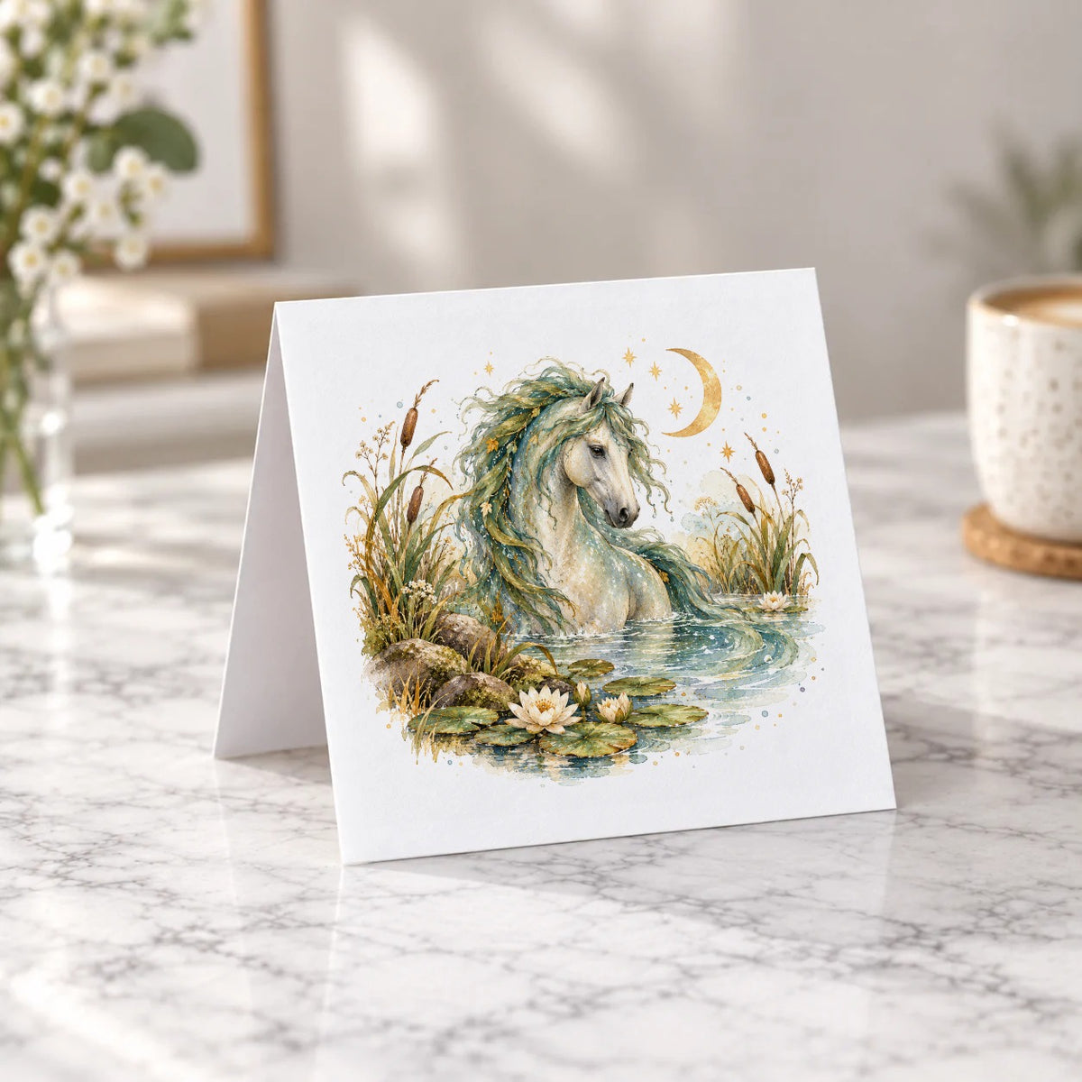 Enchanted Folklore - Moonlit Kelpie in Water Lilies Greeting Card – Tent Fold