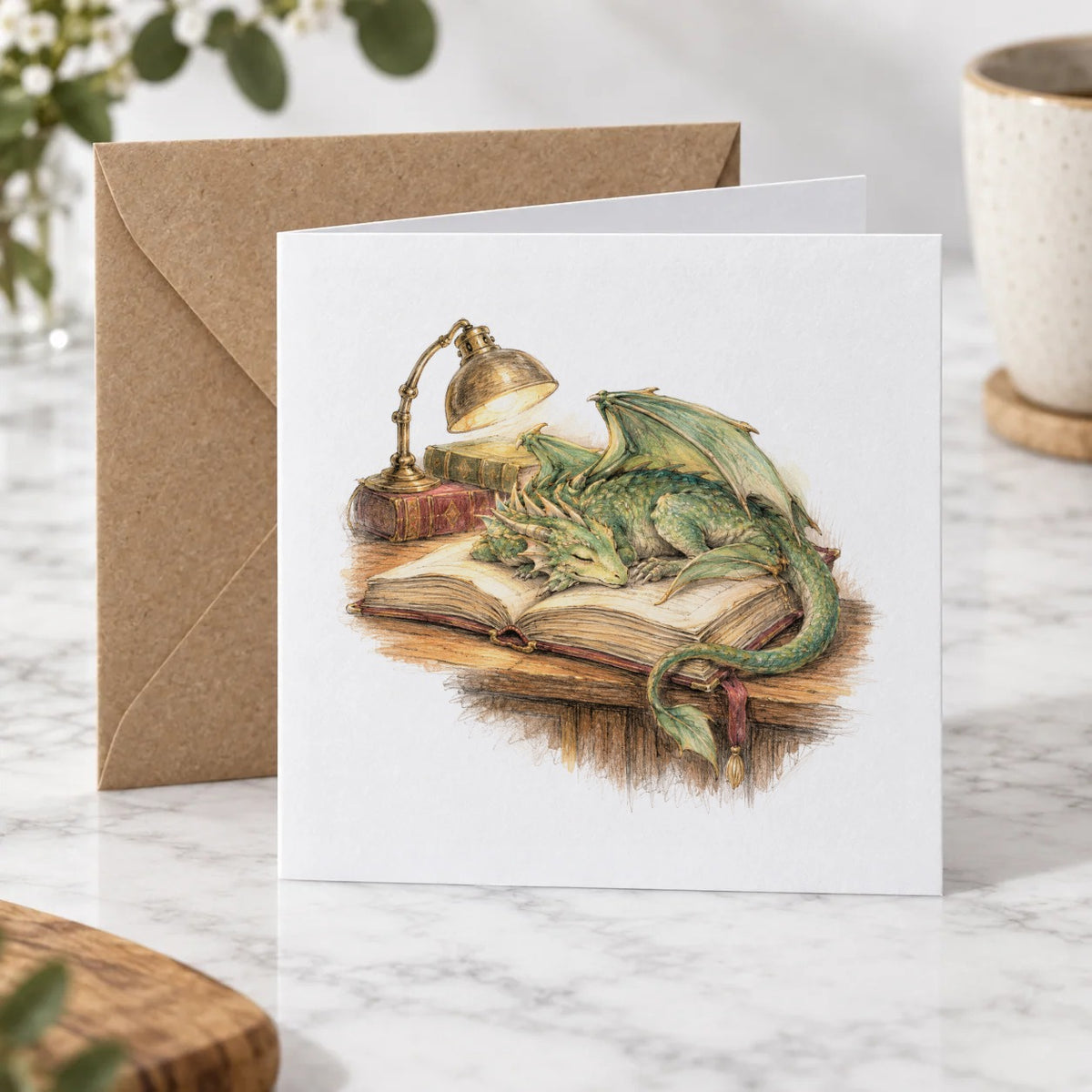 Enchanted Library - The Sleeping Book Dragon Greeting Card – Hero