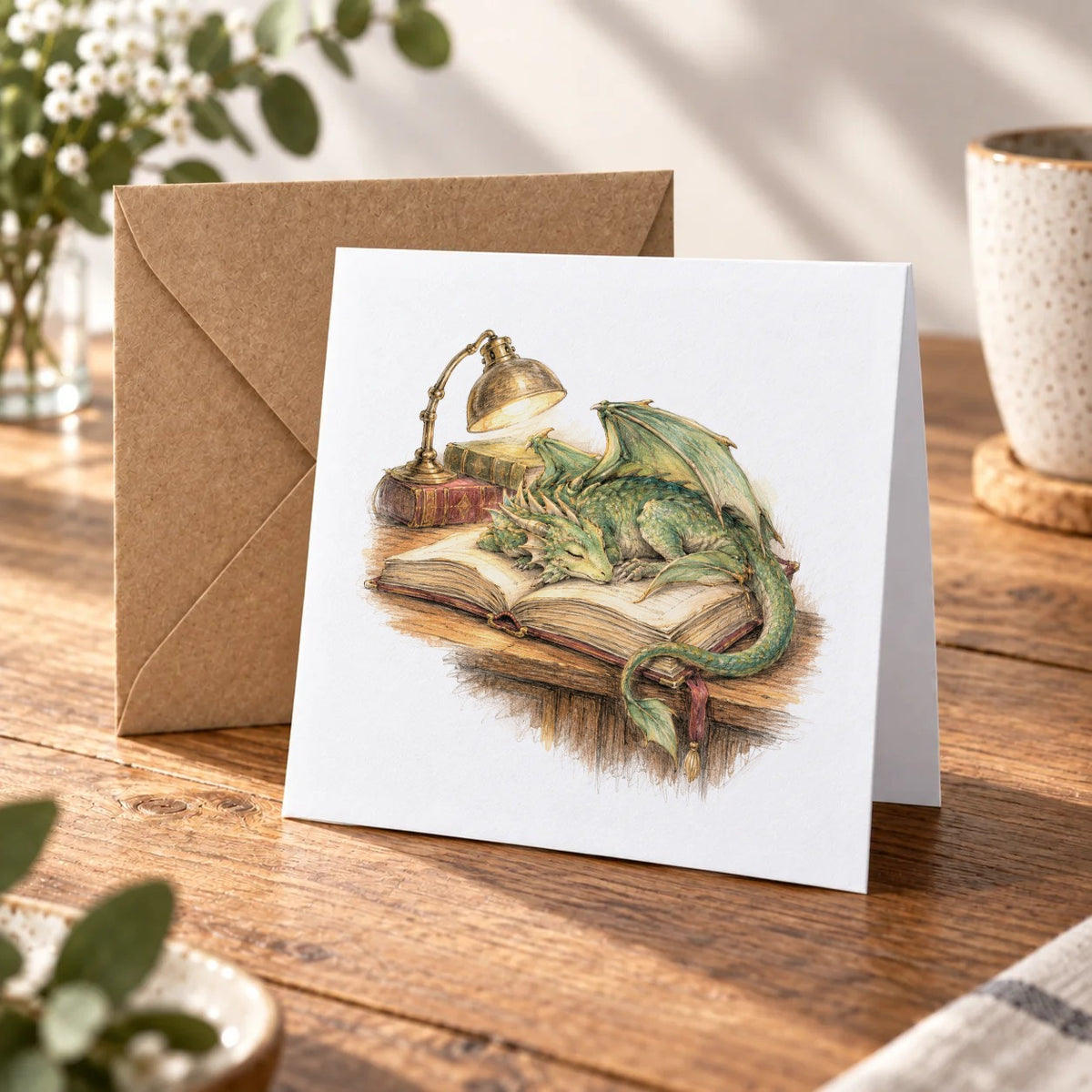 Enchanted Library - The Sleeping Book Dragon Greeting Card – Warm Wood