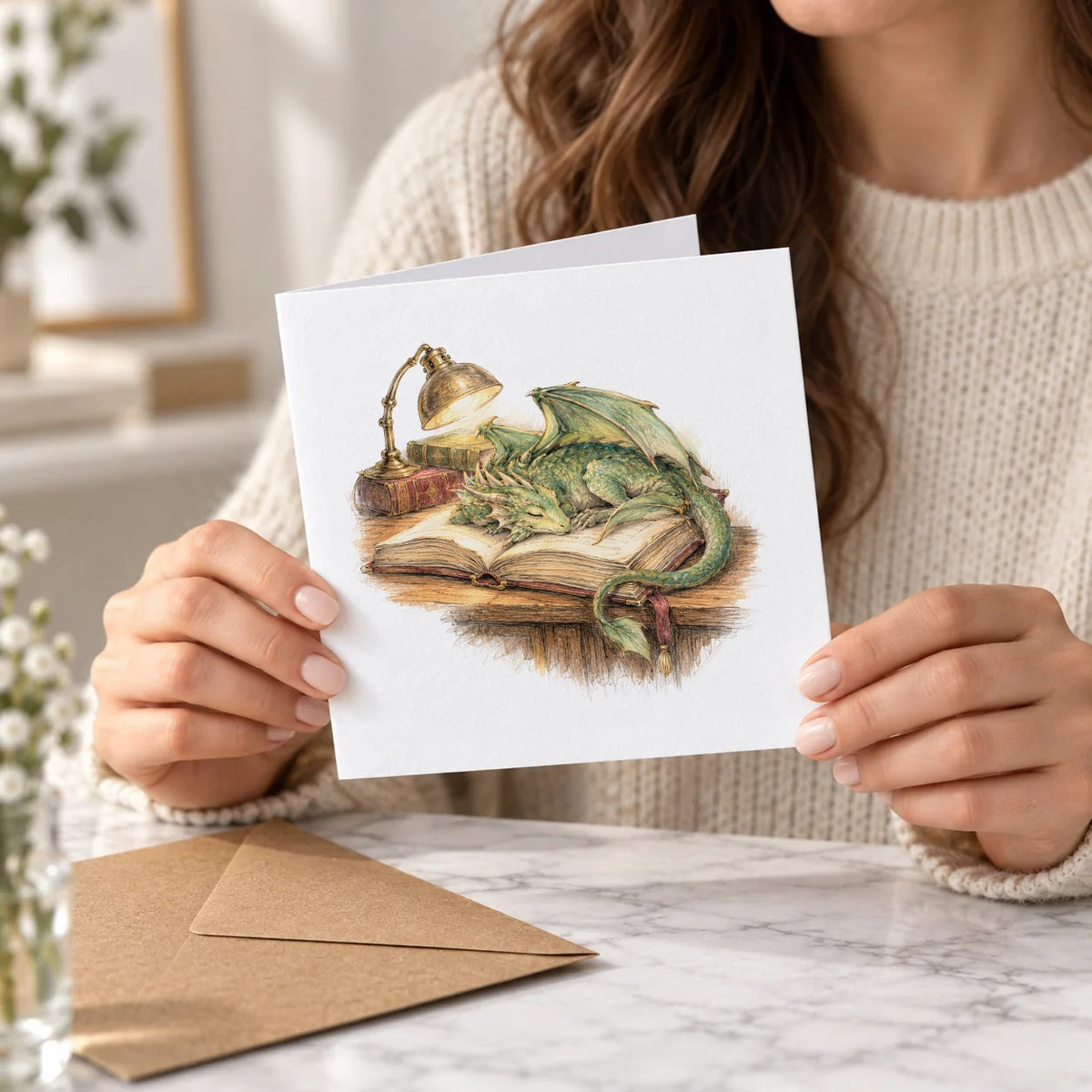 Enchanted Library - The Sleeping Book Dragon Greeting Card – Held Card
