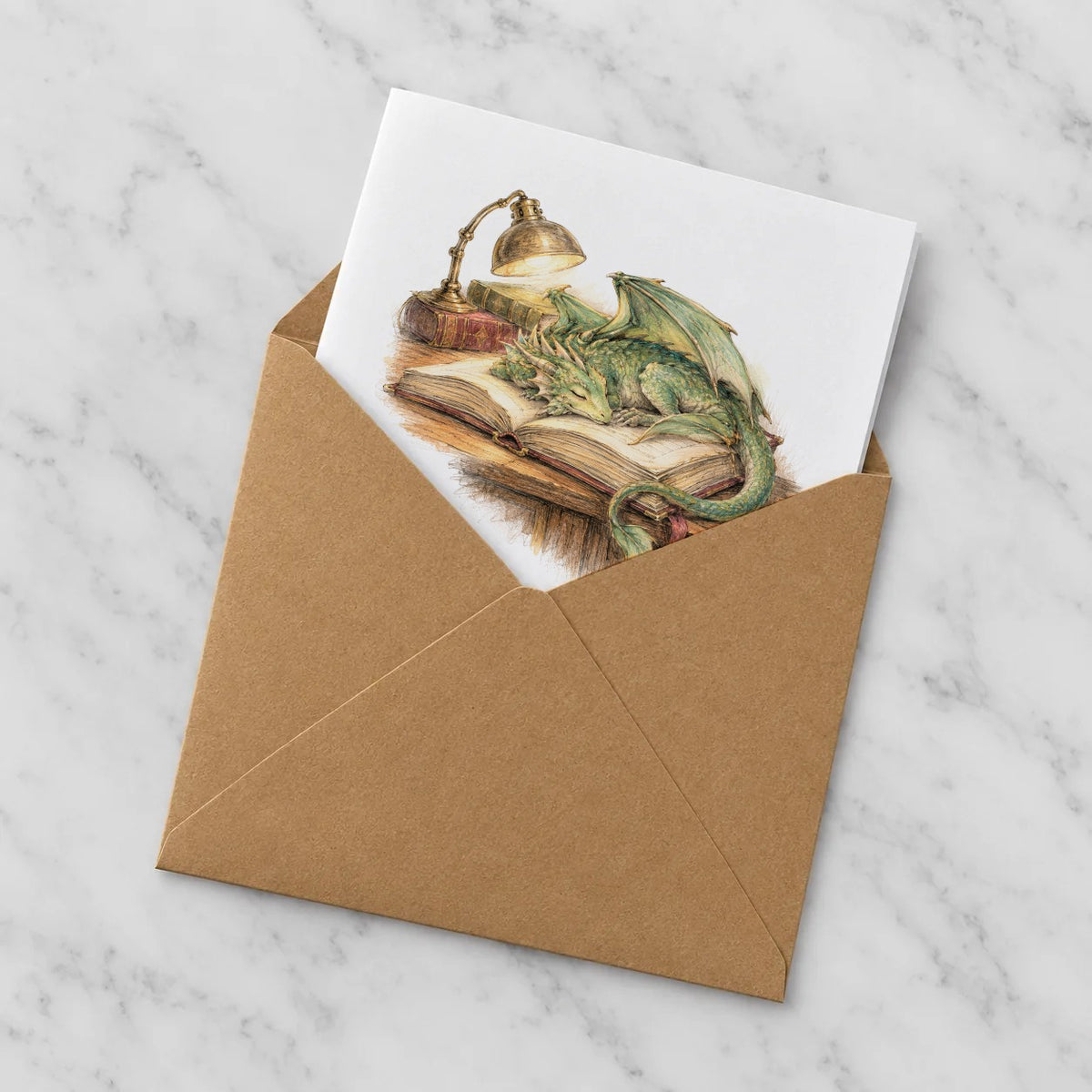 Enchanted Library - The Sleeping Book Dragon Greeting Card – Half in Envelope