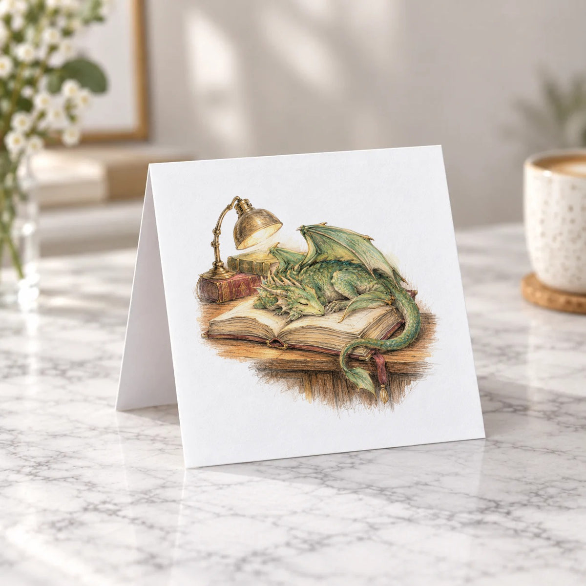Enchanted Library - The Sleeping Book Dragon Greeting Card – Tent Fold
