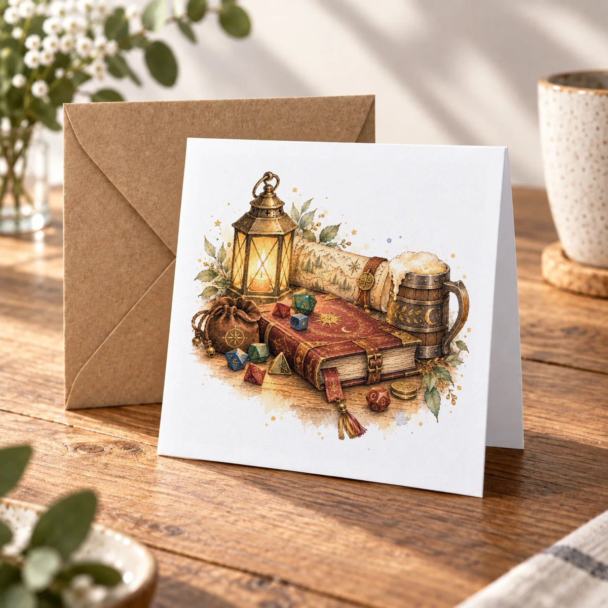 Fantasy RPG - Lantern Map and Dice Adventure Greeting Card – Warm Wood