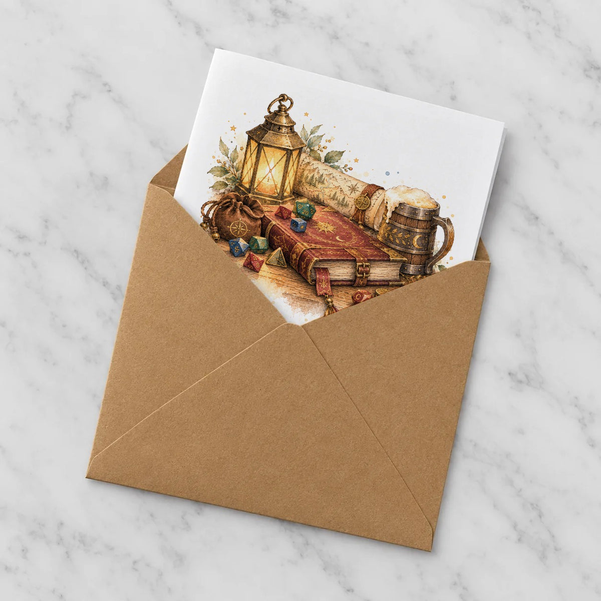 Fantasy RPG - Lantern Map and Dice Adventure Greeting Card – Half in Envelope
