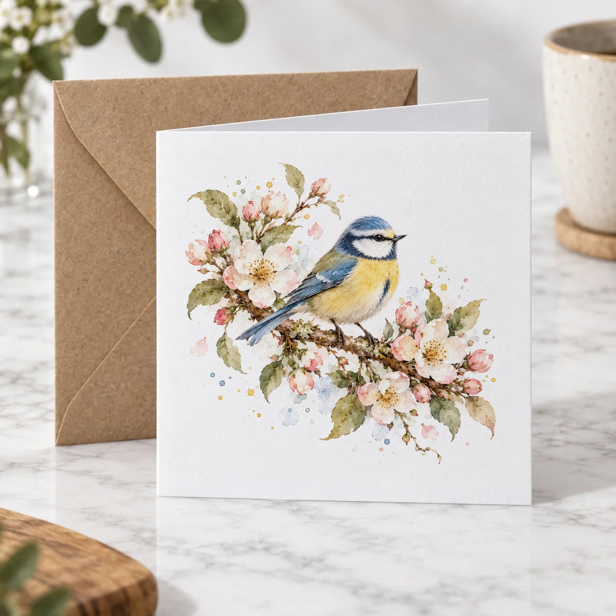 Garden Pets & Birds - Blue Tit Among Apple Blossoms Greeting Card – Hero