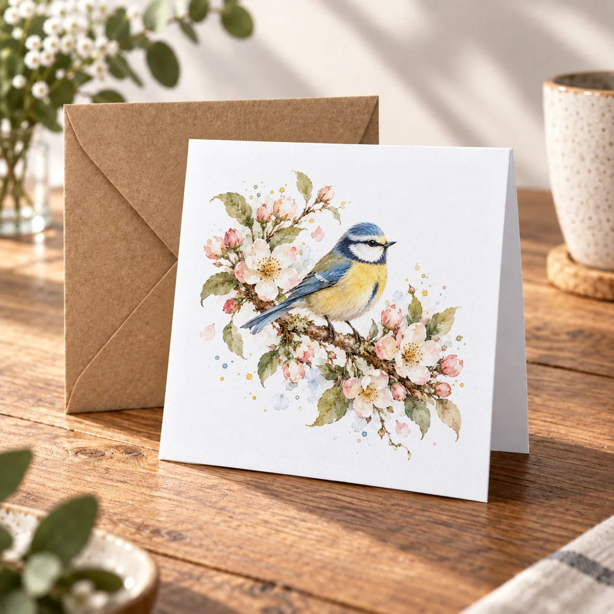 Garden Pets & Birds - Blue Tit Among Apple Blossoms Greeting Card – Warm Wood
