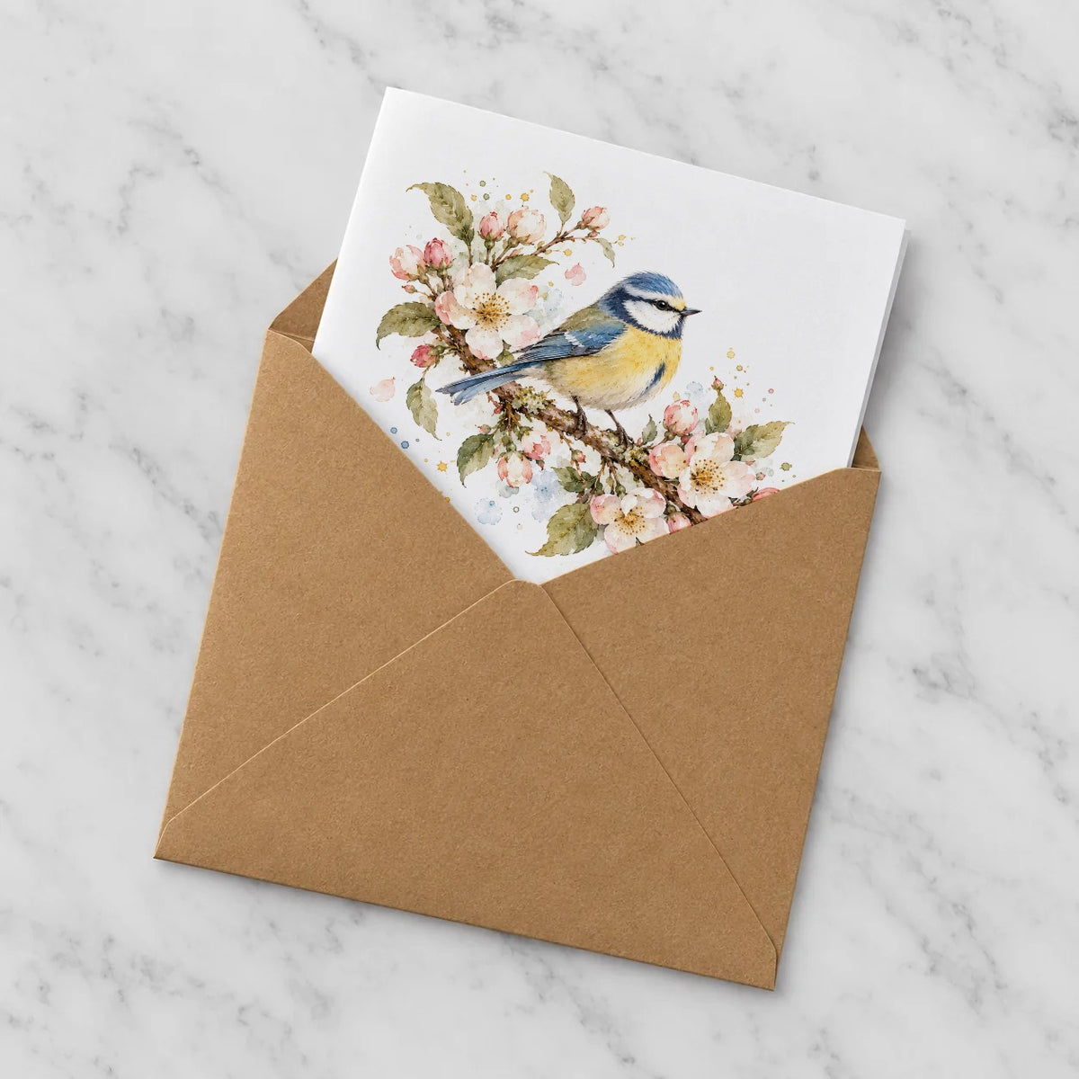 Garden Pets & Birds - Blue Tit Among Apple Blossoms Greeting Card – Half in Envelope