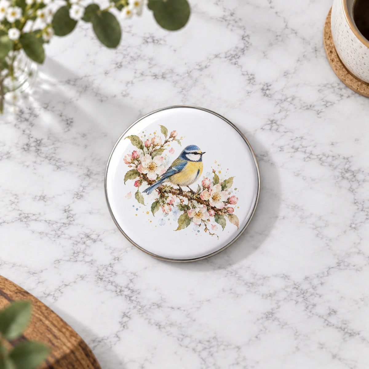 Garden Pets & Birds - Blue Tit Among Apple Blossoms Greeting Card – Large Badge