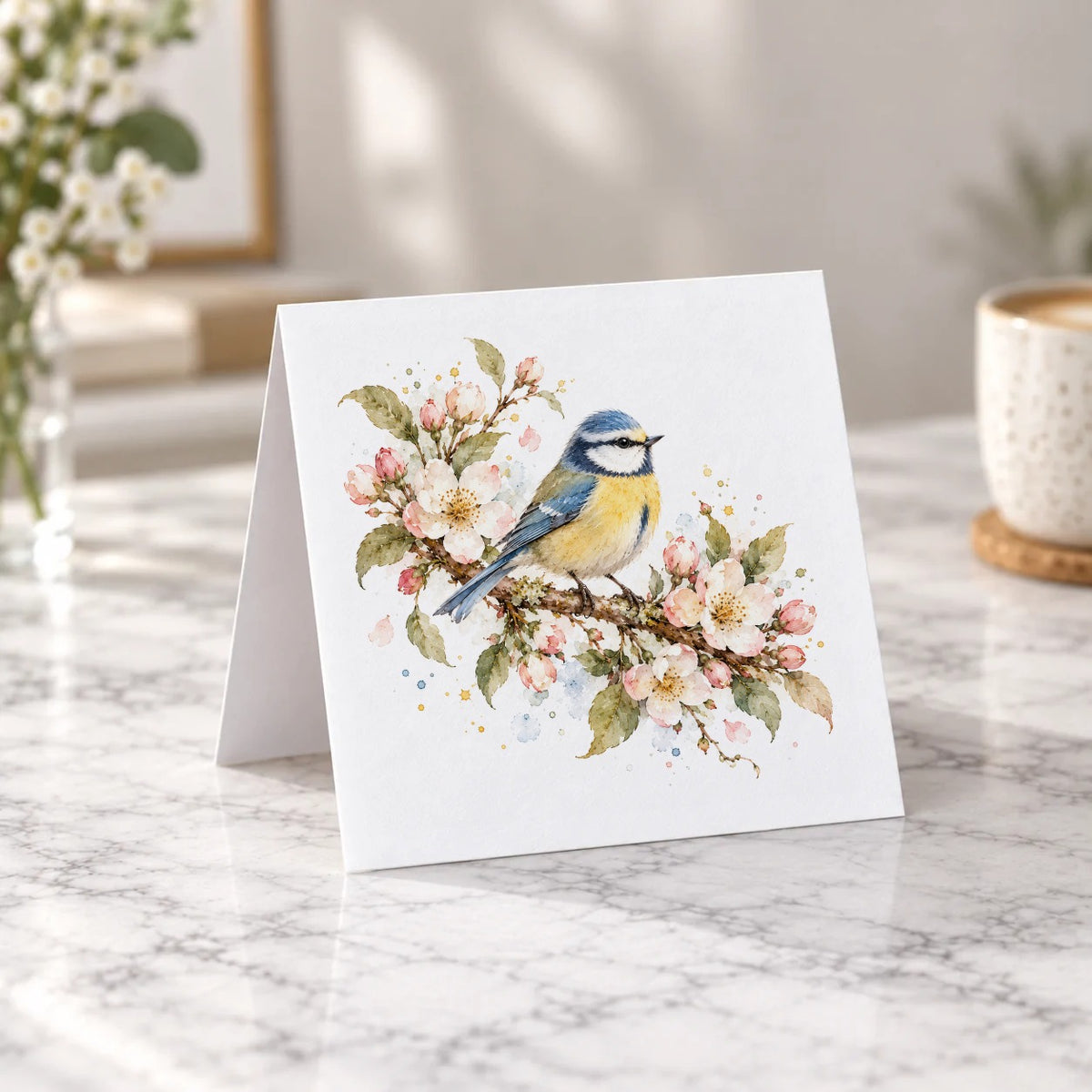 Garden Pets & Birds - Blue Tit Among Apple Blossoms Greeting Card – Tent Fold