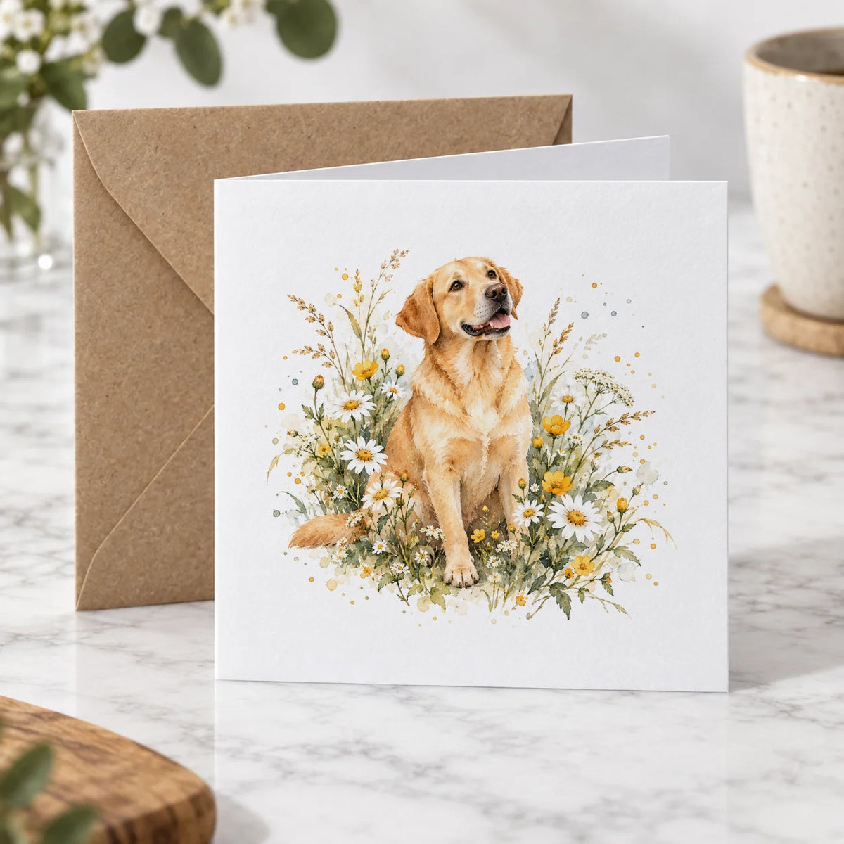 Garden Pets & Birds - Golden Labrador in Wildflowers Greeting Card – Hero