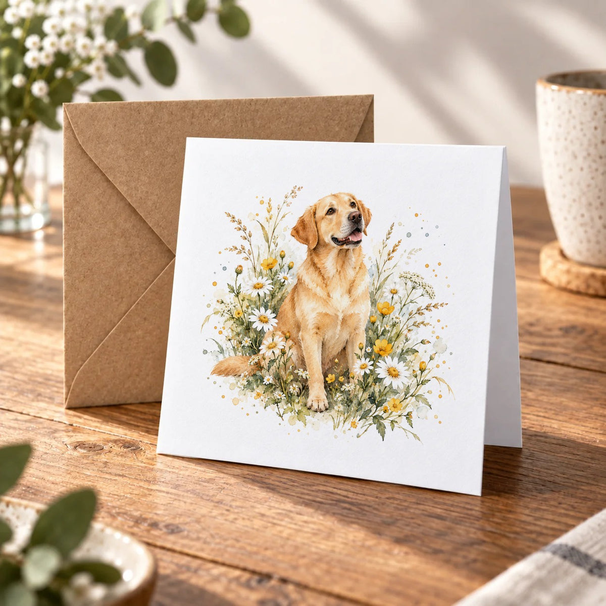 Garden Pets & Birds - Golden Labrador in Wildflowers Greeting Card – Warm Wood