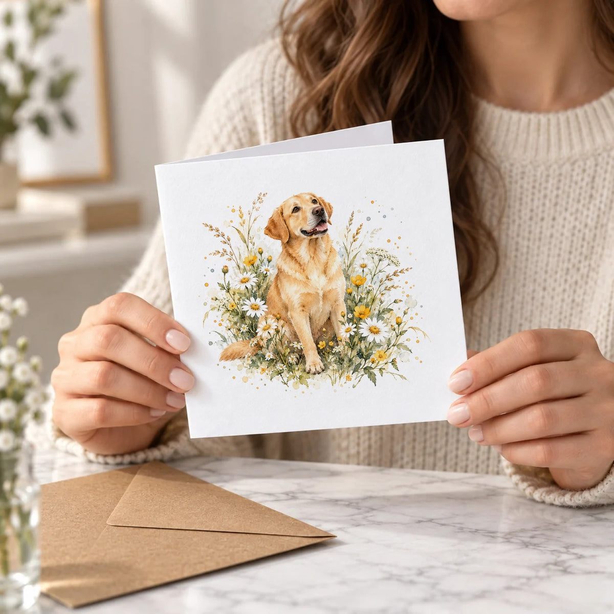 Garden Pets & Birds - Golden Labrador in Wildflowers Greeting Card – Held Card