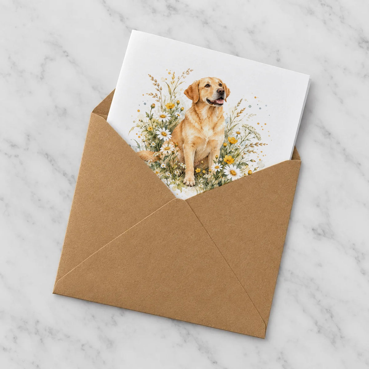 Garden Pets & Birds - Golden Labrador in Wildflowers Greeting Card – Half in Envelope