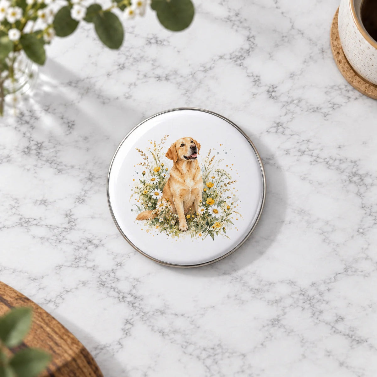 Garden Pets & Birds - Golden Labrador in Wildflowers Greeting Card – Large Badge