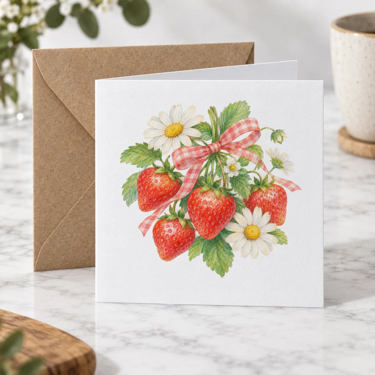 Gingham Strawberry and Daisy Bouquet Greeting Card – Hero