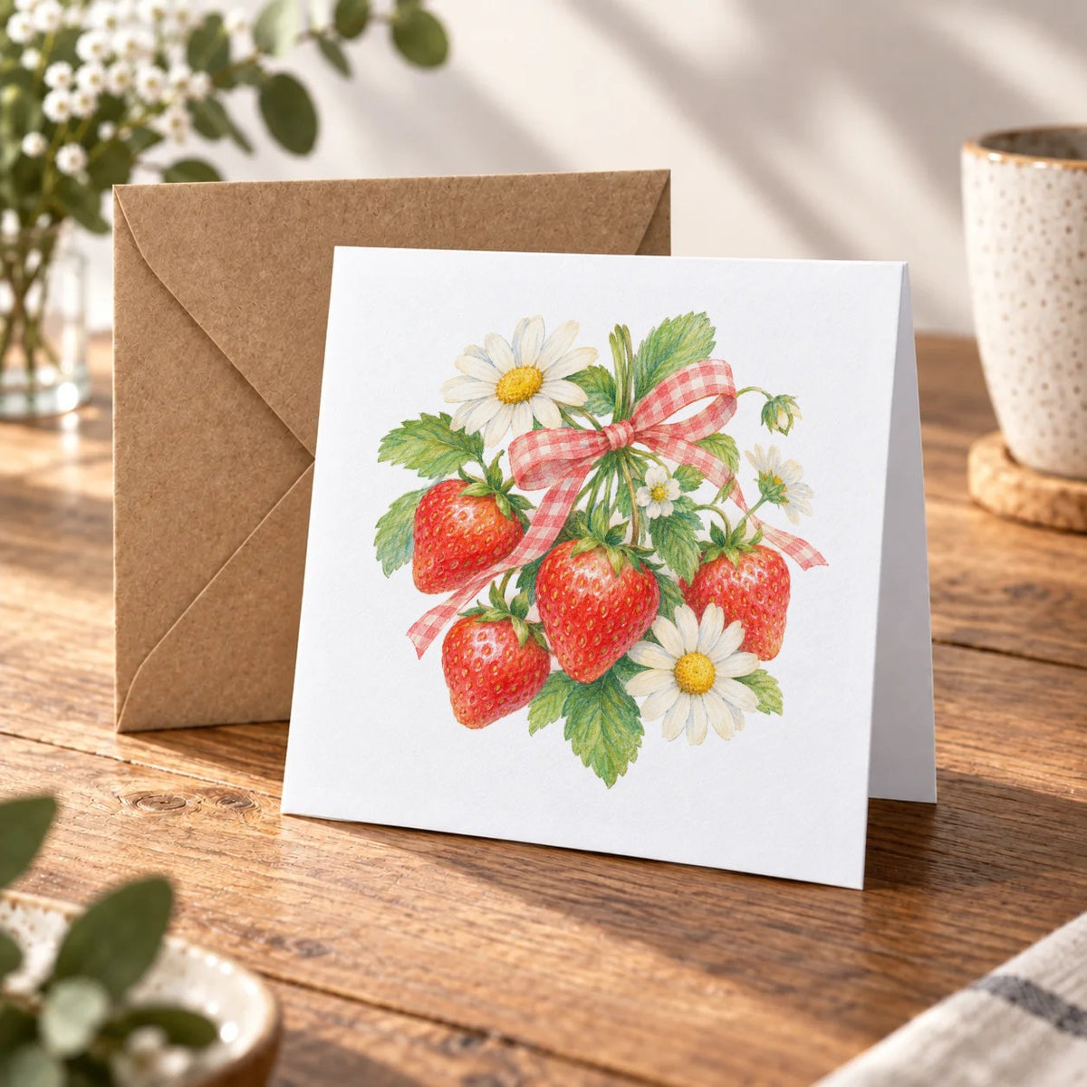 Gingham Strawberry and Daisy Bouquet Greeting Card – Warm Wood