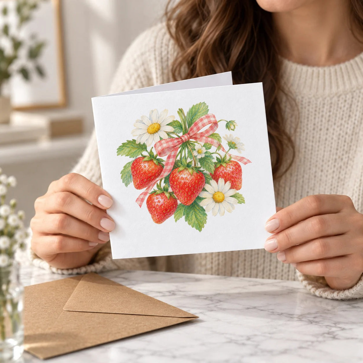 Gingham Strawberry and Daisy Bouquet Greeting Card – Held Card