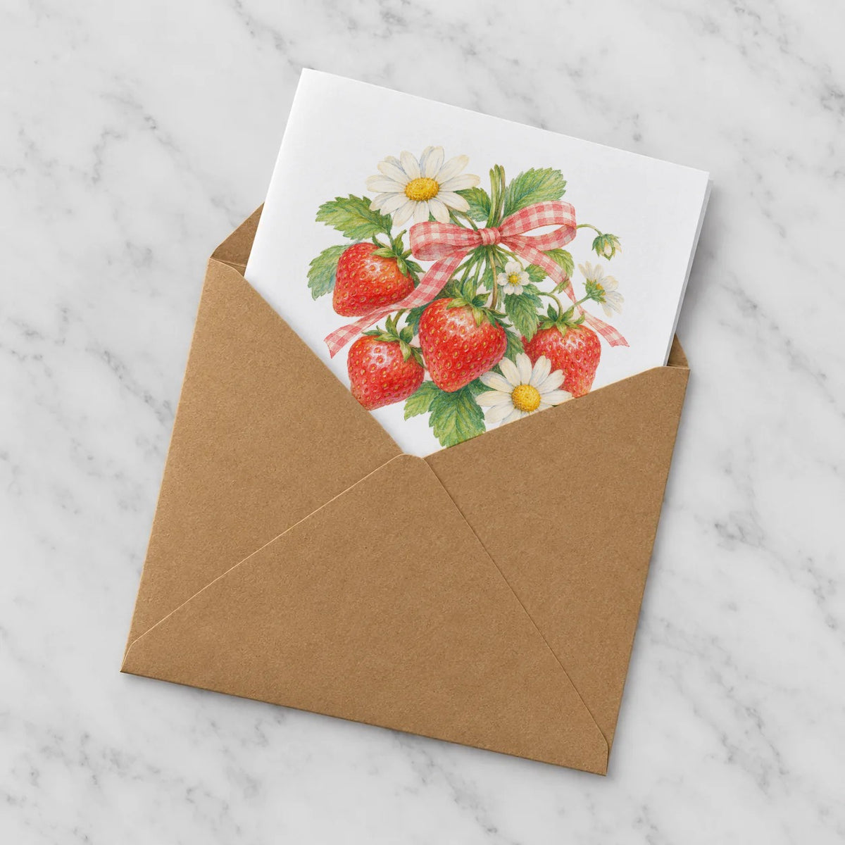 Gingham Strawberry and Daisy Bouquet Greeting Card – Half in Envelope