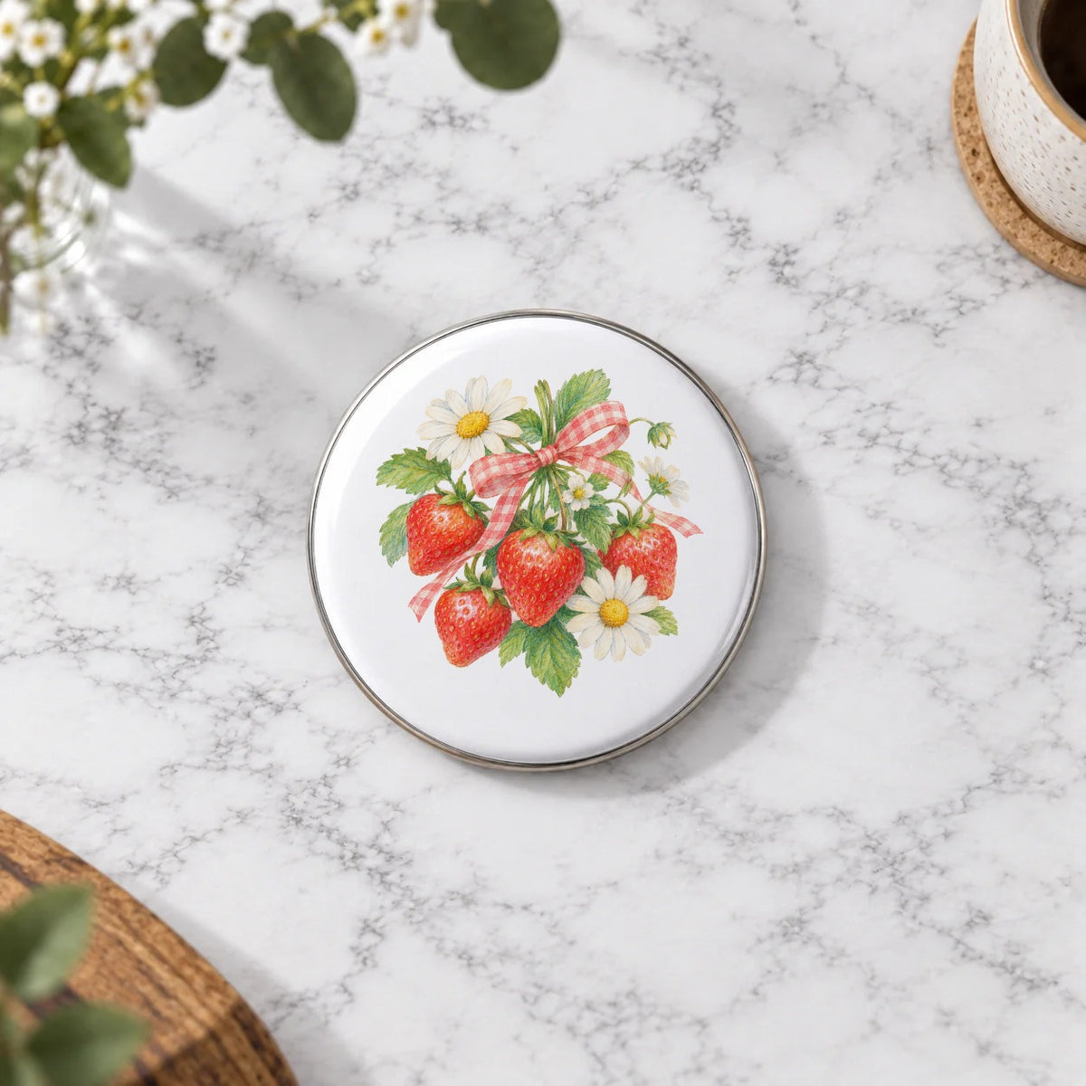 Gingham Strawberry and Daisy Bouquet Greeting Card – Large Badge