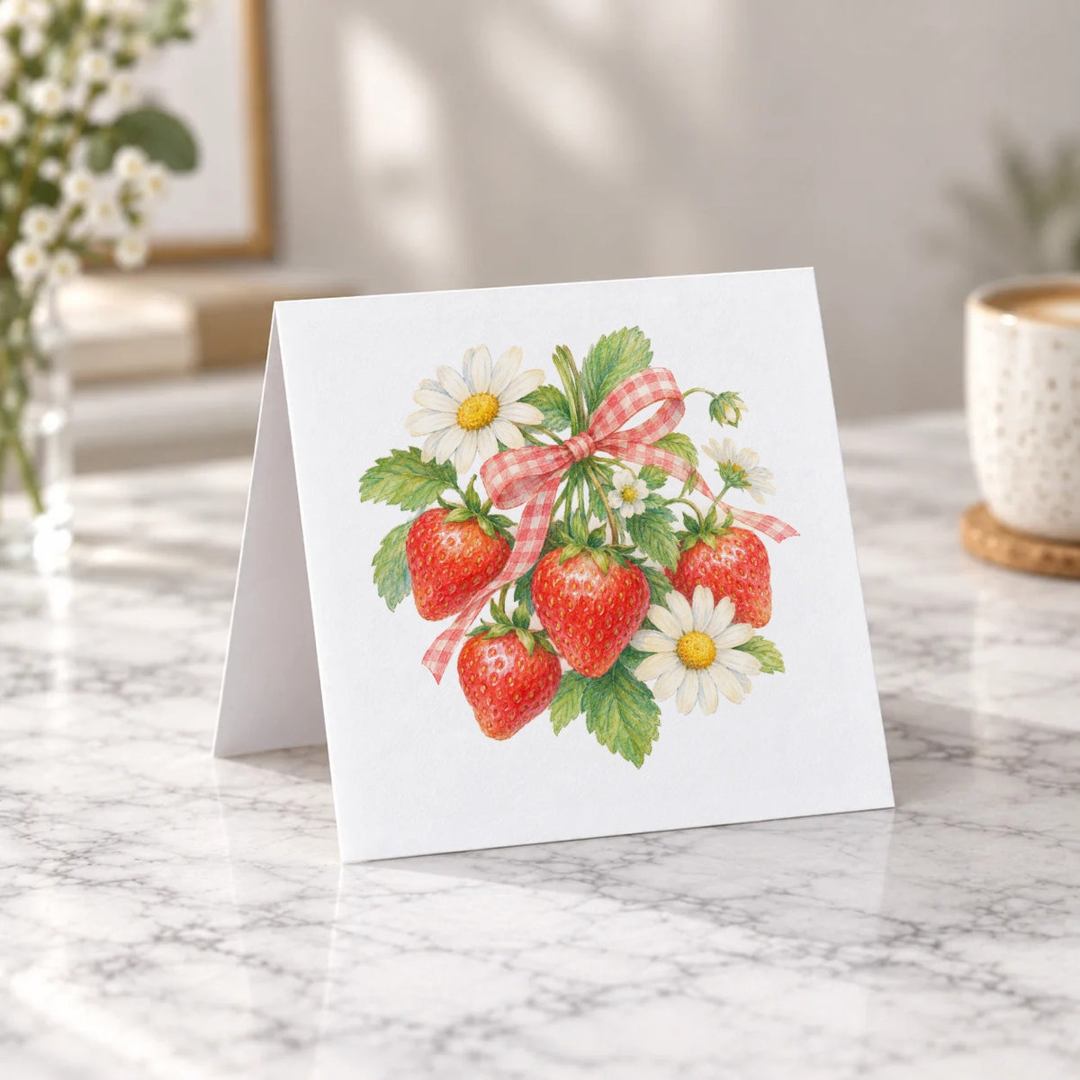 Gingham Strawberry and Daisy Bouquet Greeting Card – Tent Fold