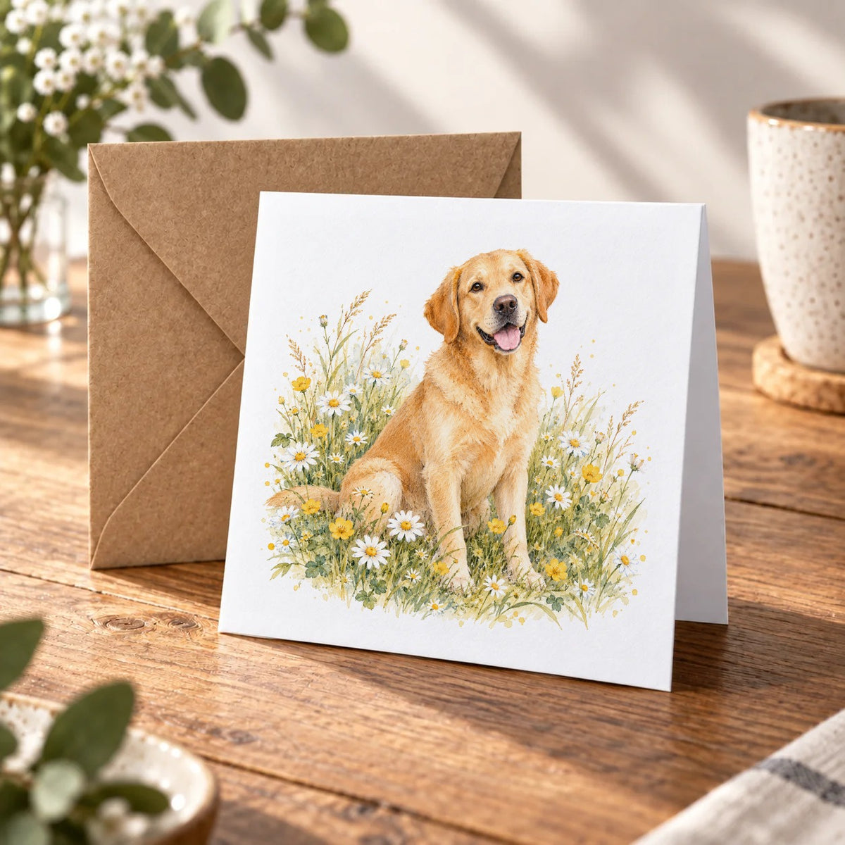 Golden Labrador in a Wildflower Meadow Greeting Card – Warm Wood