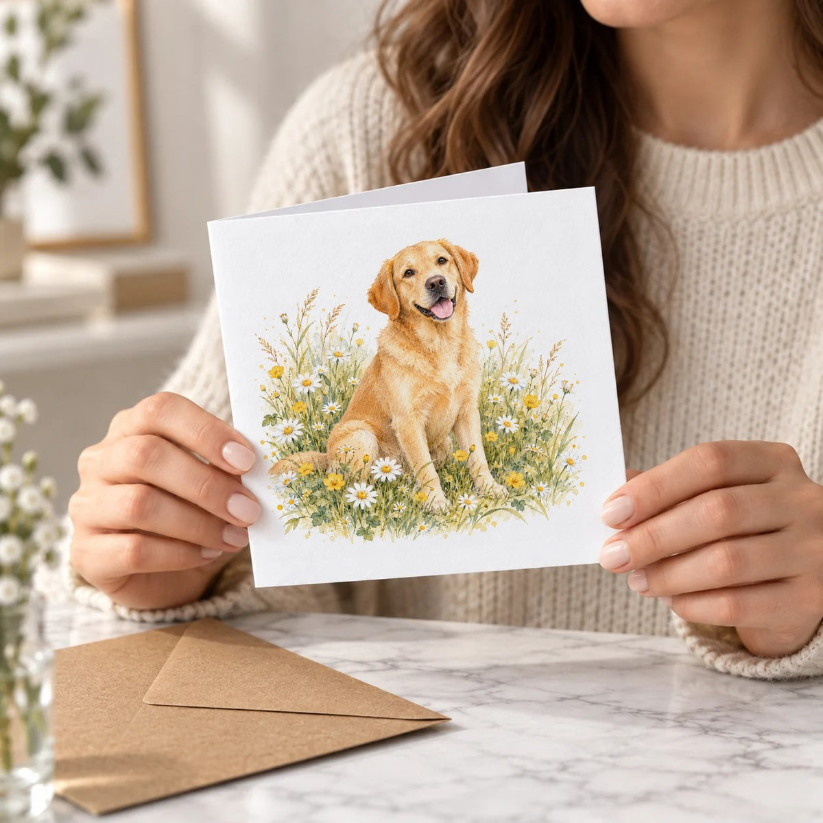Golden Labrador in a Wildflower Meadow Greeting Card – Held Card