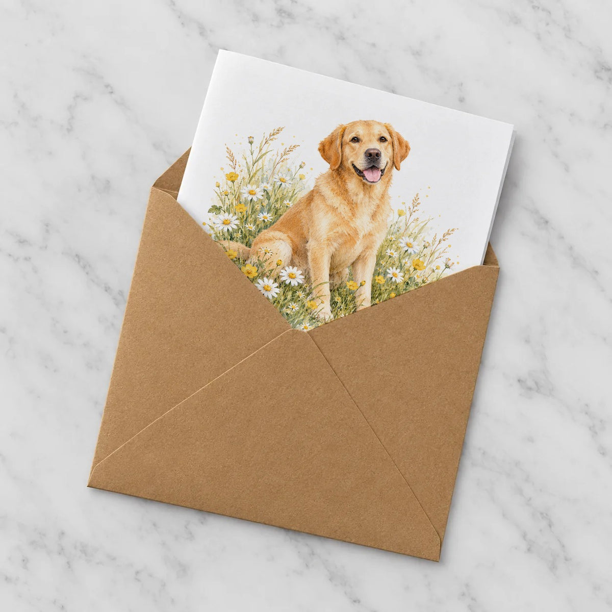 Golden Labrador in a Wildflower Meadow Greeting Card – Half in Envelope