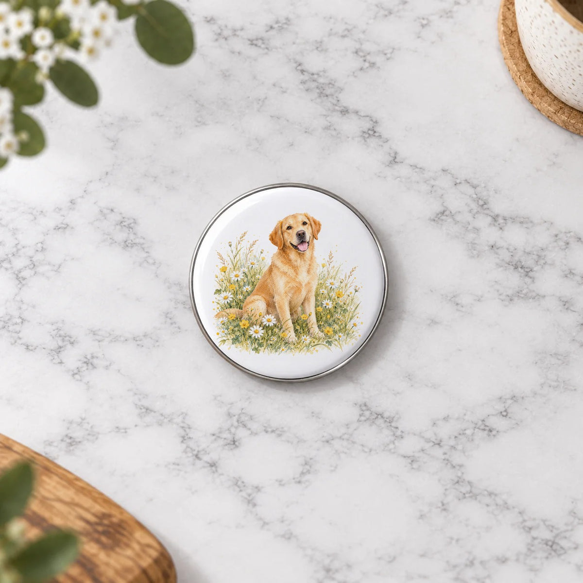 Golden Labrador in a Wildflower Meadow Greeting Card – Small Badge