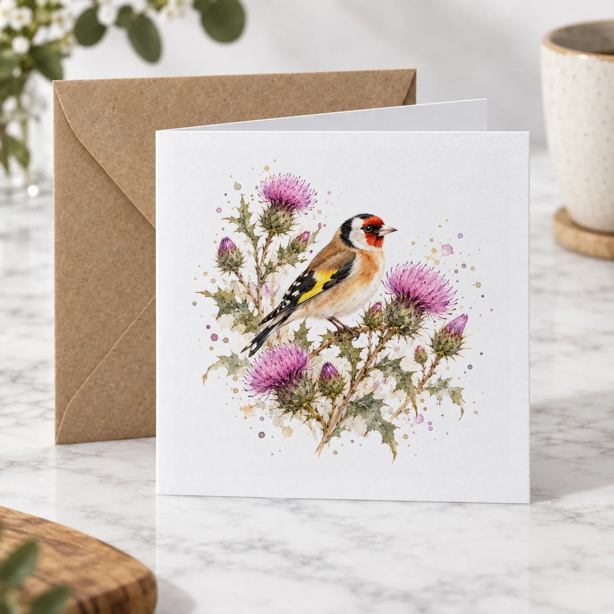 Goldfinch Among Purple Thistles Greeting Card – Hero