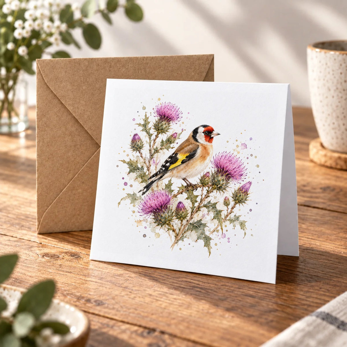 Goldfinch Among Purple Thistles Greeting Card – Warm Wood