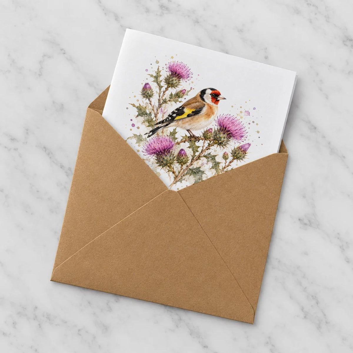 Goldfinch Among Purple Thistles Greeting Card – Half in Envelope