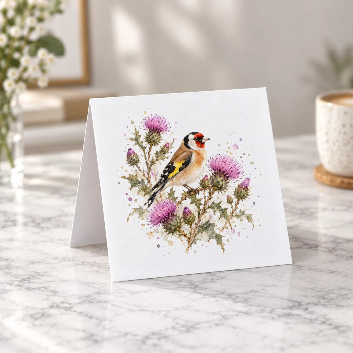 Goldfinch Among Purple Thistles Greeting Card – Tent Fold