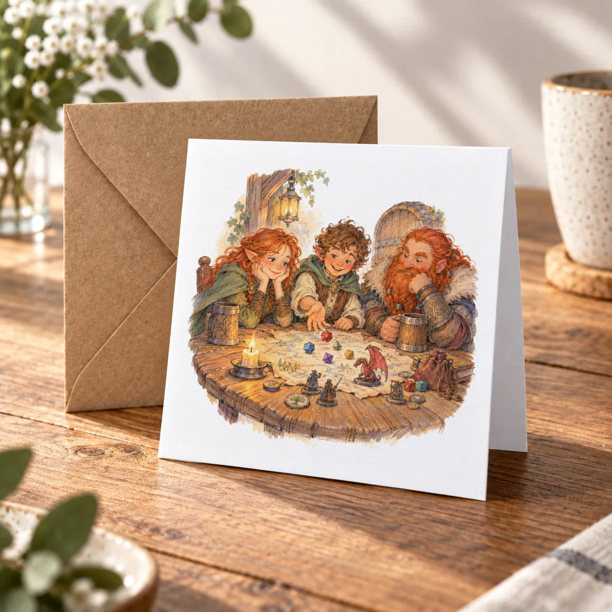 Fantasy Tavern Game Night Greeting Card – Warm wood