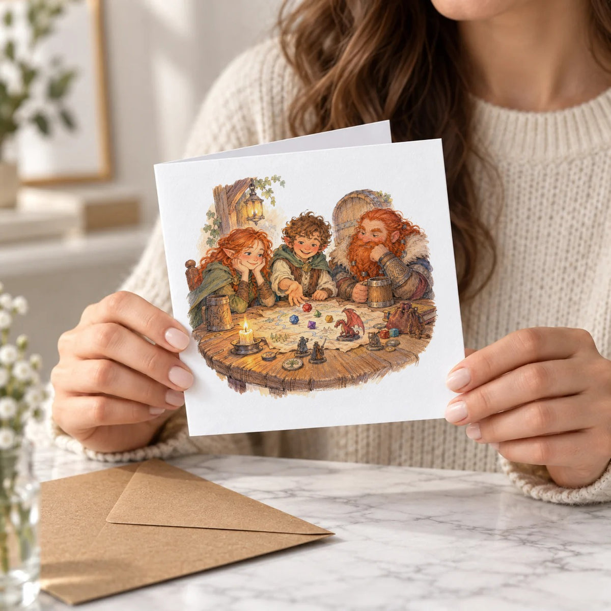 Fantasy Tavern Game Night Greeting Card – Held card