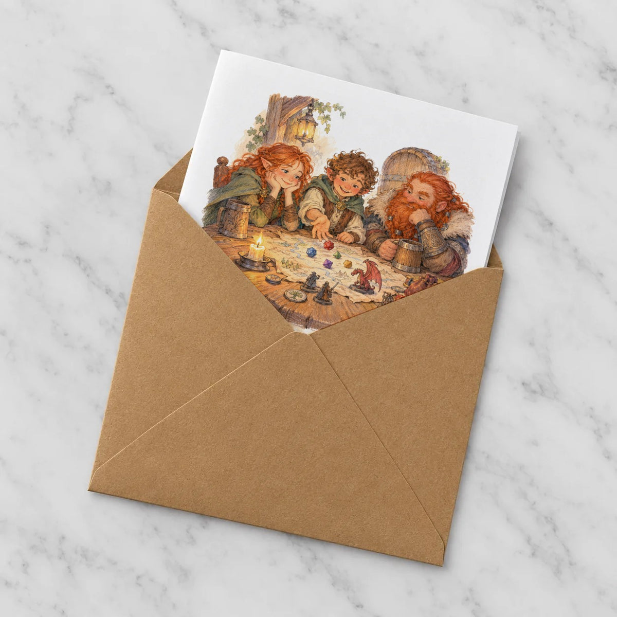 Fantasy Tavern Game Night Greeting Card – Half in kraft envelope