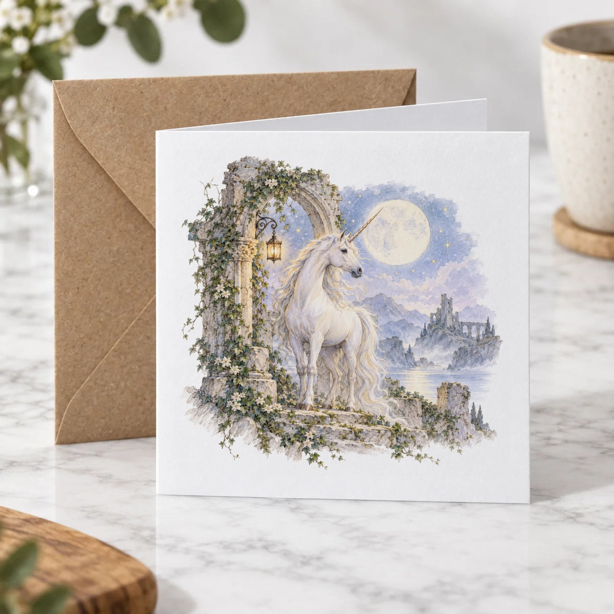Moonlit Unicorn and Ivy Ruins Greeting Card – Hero