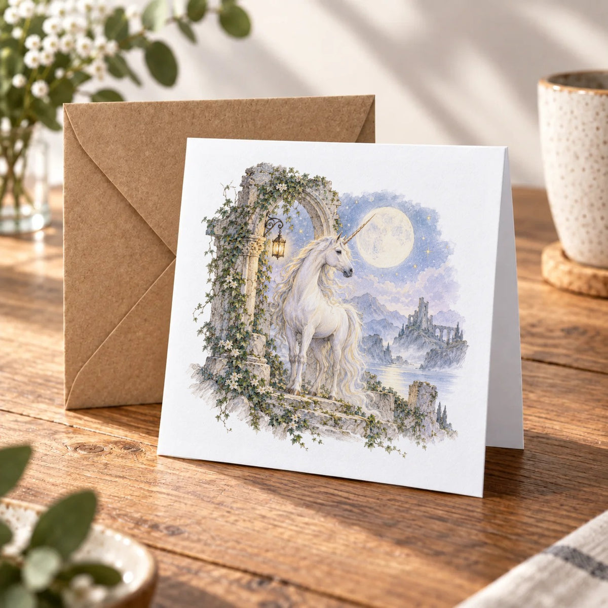 Moonlit Unicorn and Ivy Ruins Greeting Card – Warm Wood