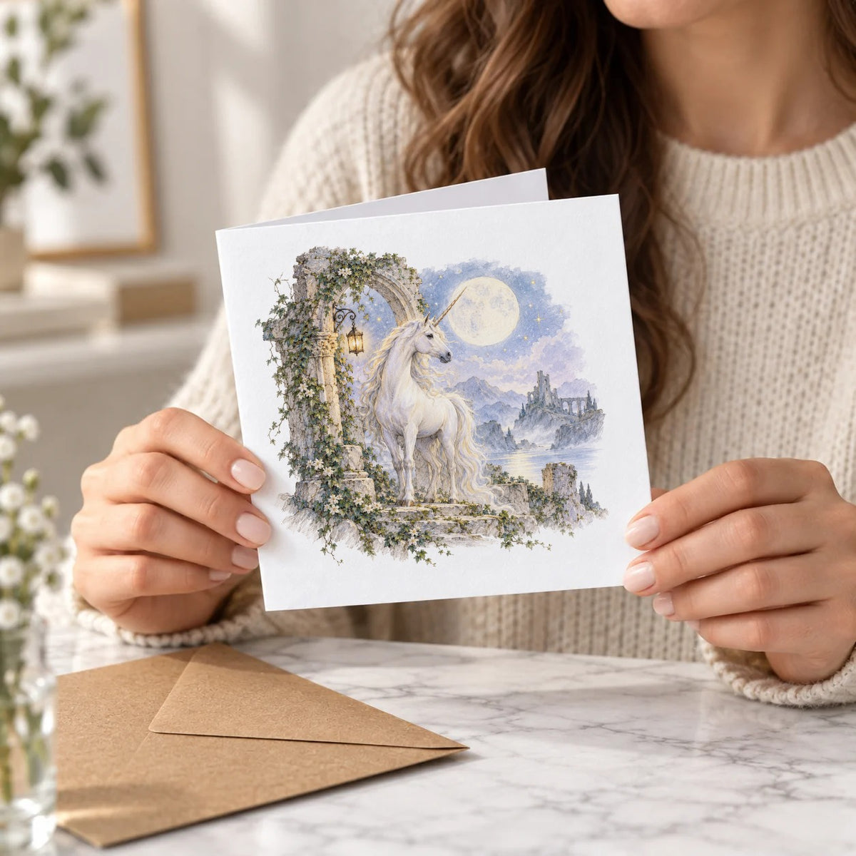 Moonlit Unicorn and Ivy Ruins Greeting Card – Held Card