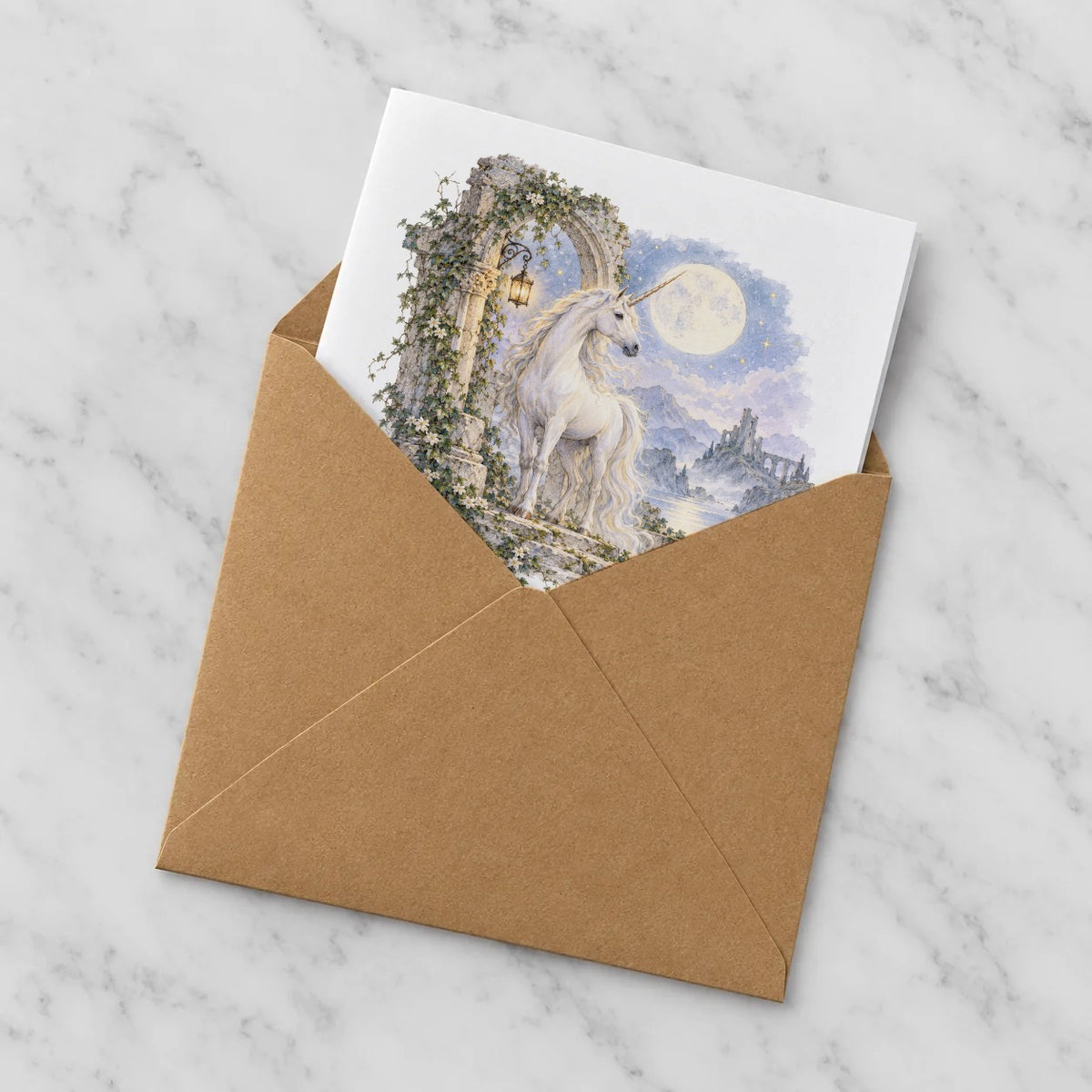 Moonlit Unicorn and Ivy Ruins Greeting Card – Half in Envelope