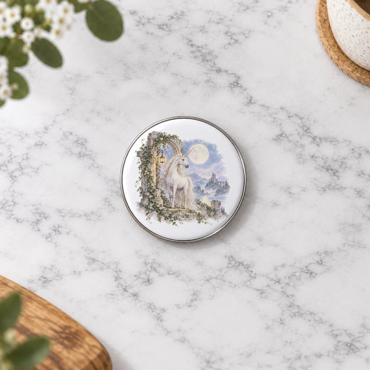 Moonlit Unicorn and Ivy Ruins Greeting Card – Badge Small
