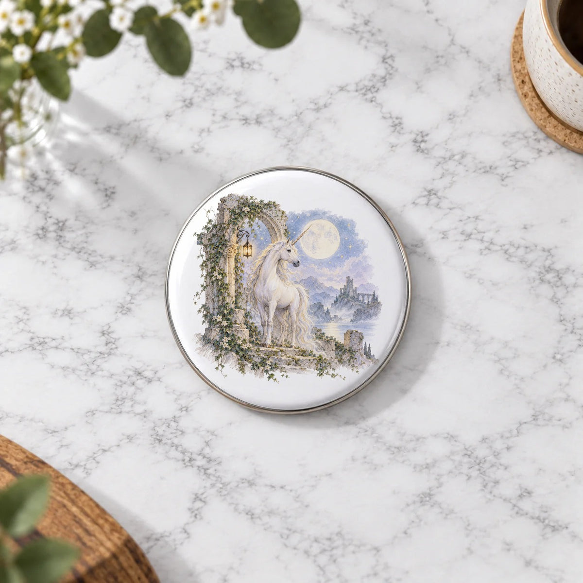 Moonlit Unicorn and Ivy Ruins Greeting Card – Badge Large