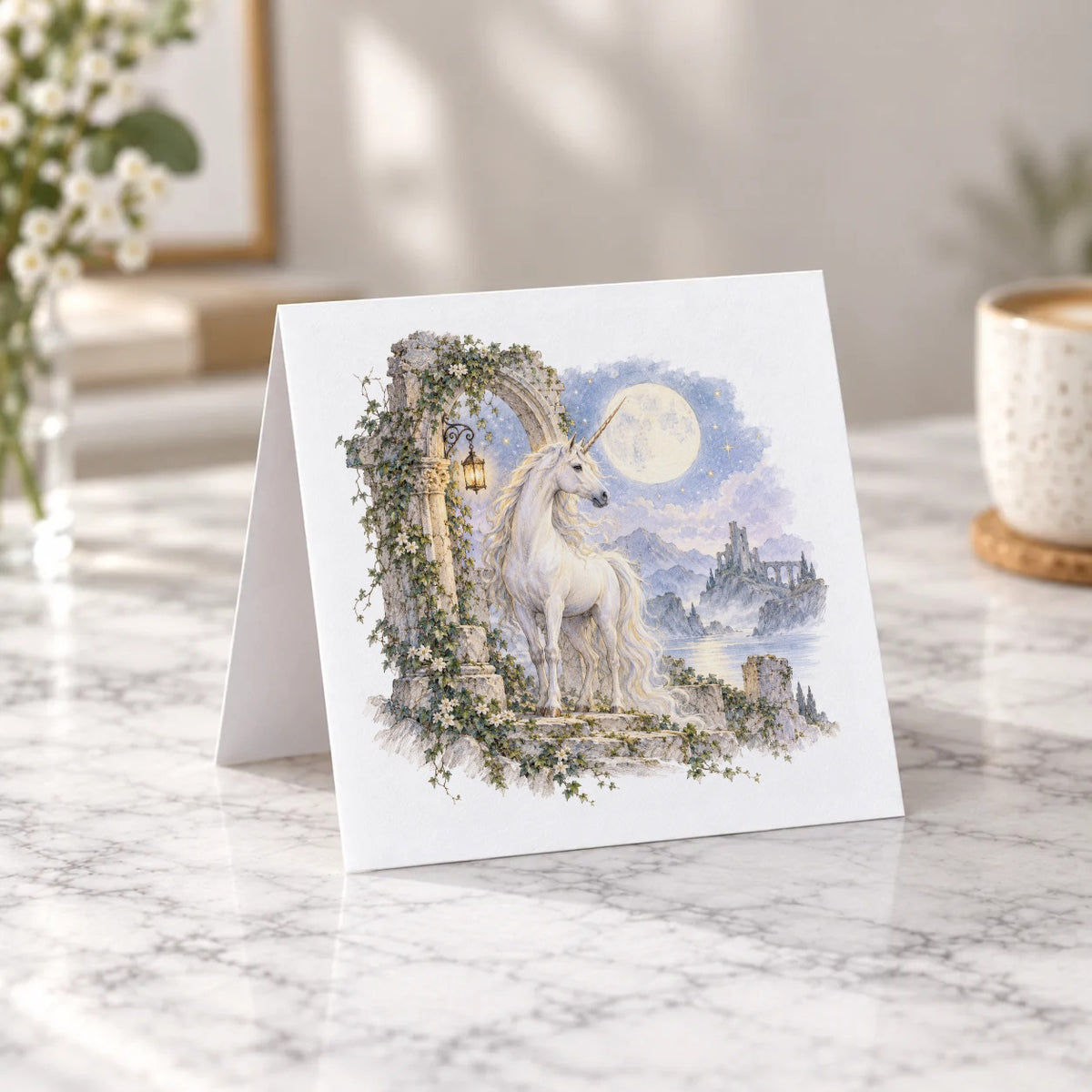 Moonlit Unicorn and Ivy Ruins Greeting Card – Tent Fold