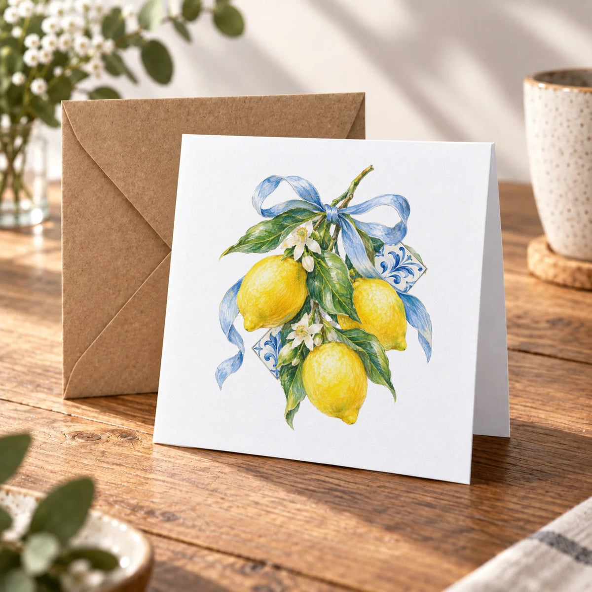Lemons and Blue Ribbon Greeting Card – Warm Wood