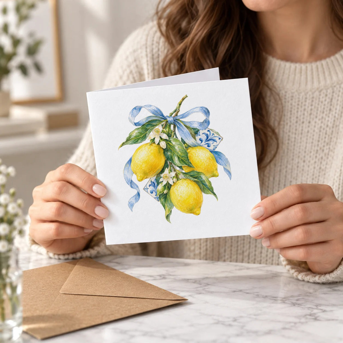 Lemons and Blue Ribbon Greeting Card – Held Card