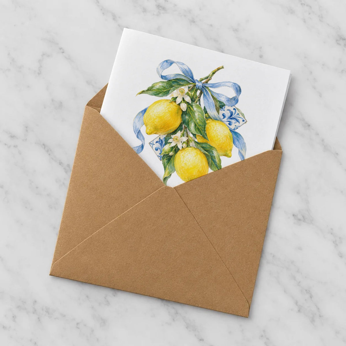 Lemons and Blue Ribbon Greeting Card – Half in Envelope