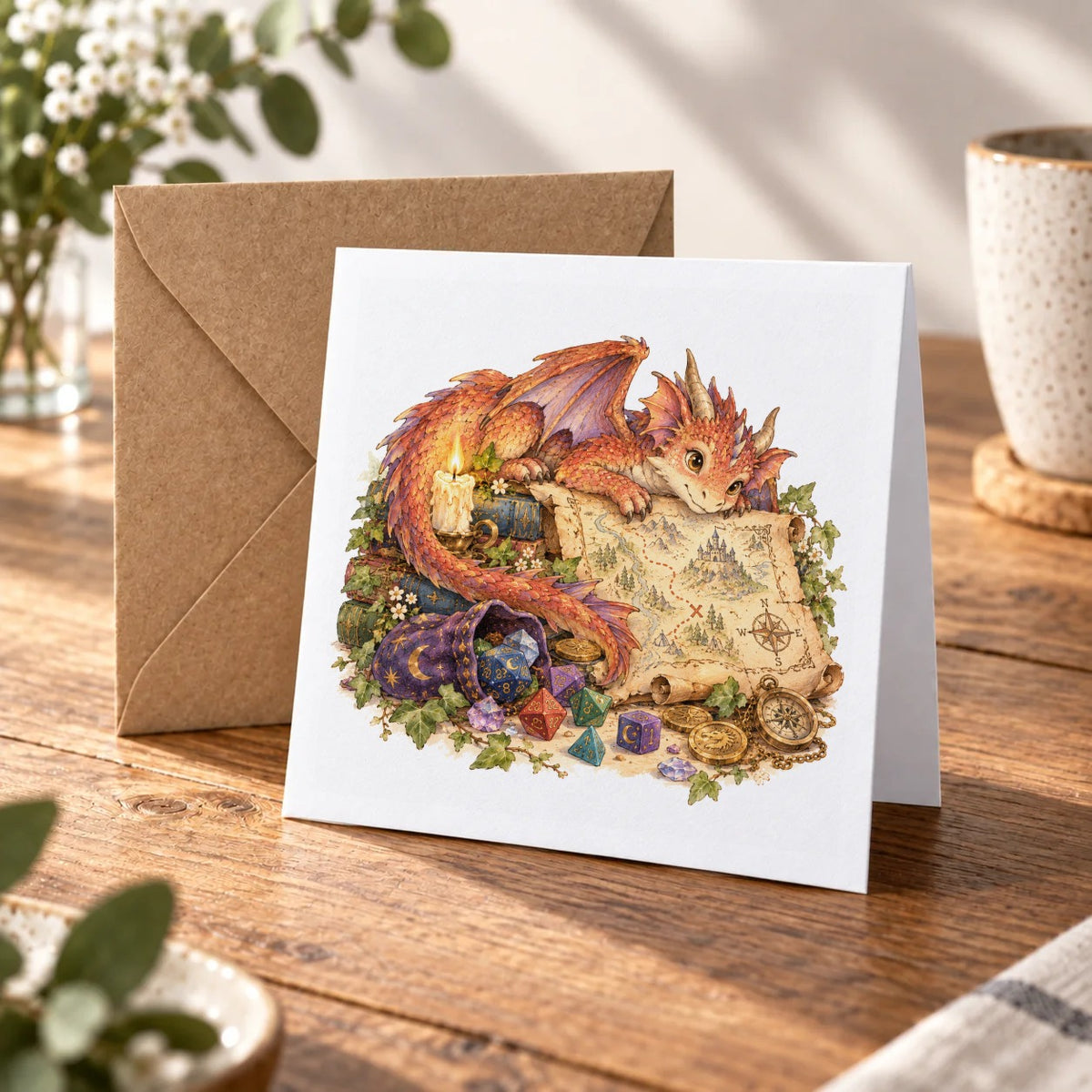 Little Dragon and Treasure Map Greeting Card – Warm Wood