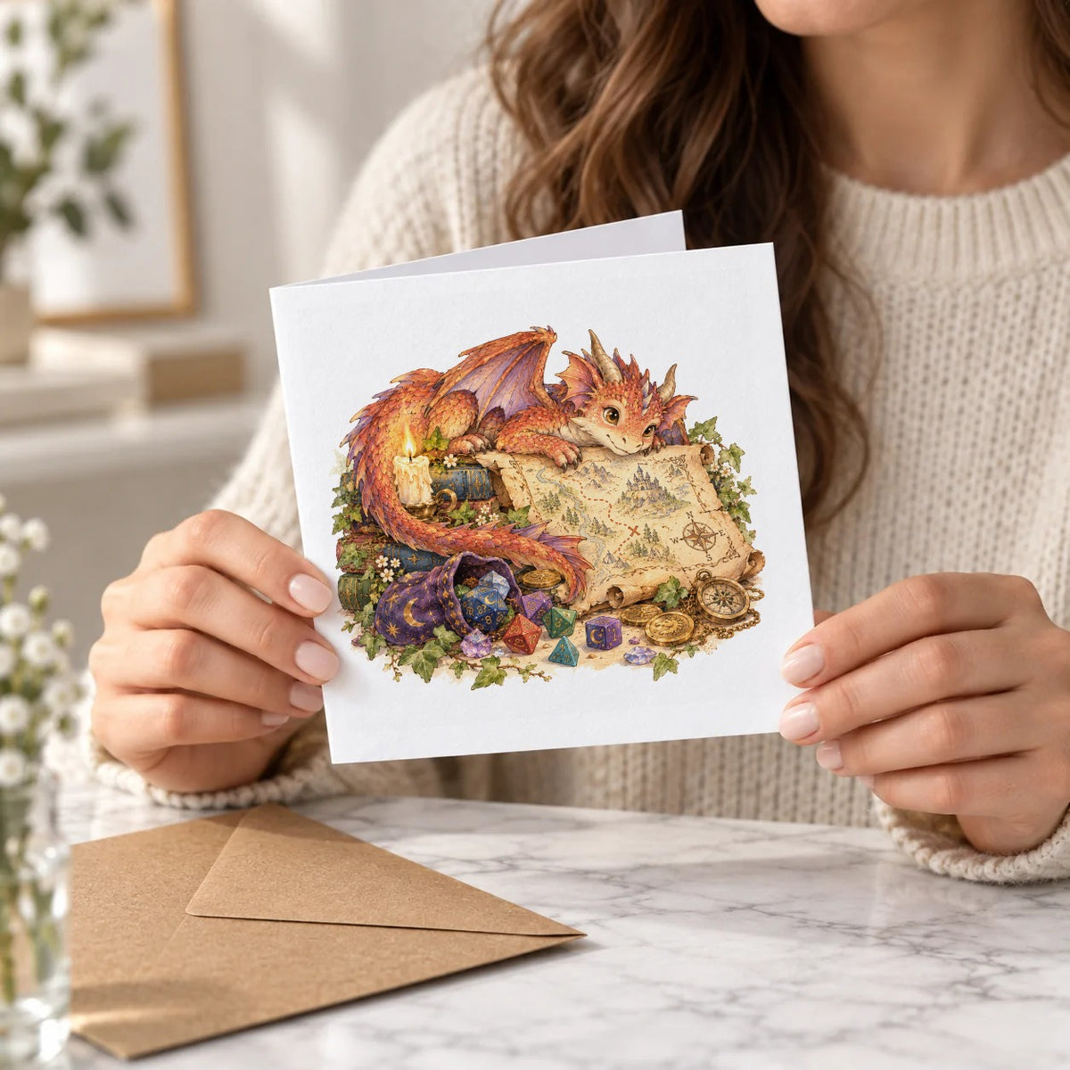 Little Dragon and Treasure Map Greeting Card – Held Card