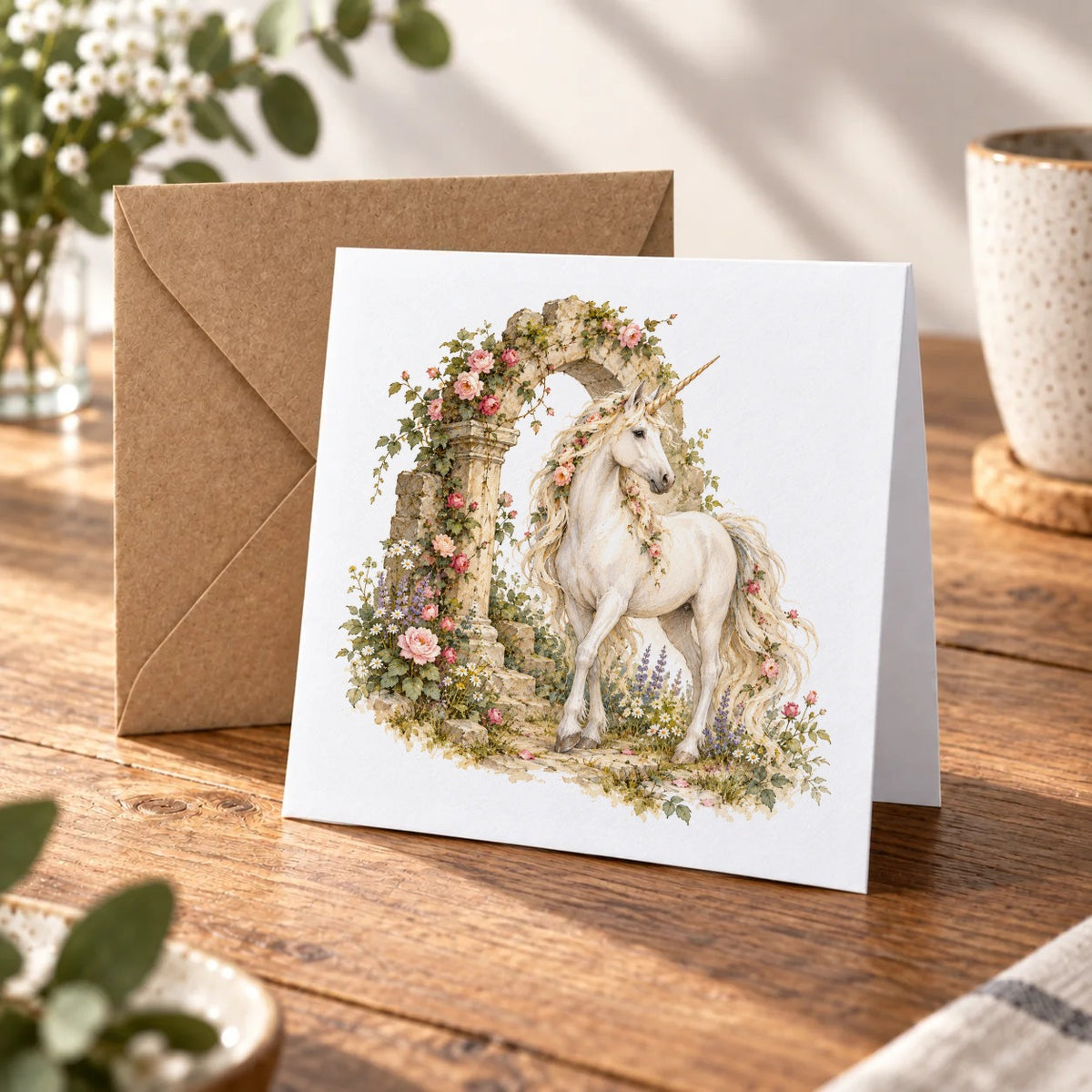 Unicorn and Rose Arch Greeting Card – Warm Wood